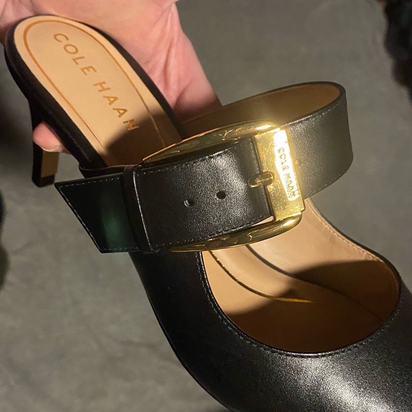 COLE HAAN Kitten Heel Mules with Gold Buckle - Picture 6 of 16